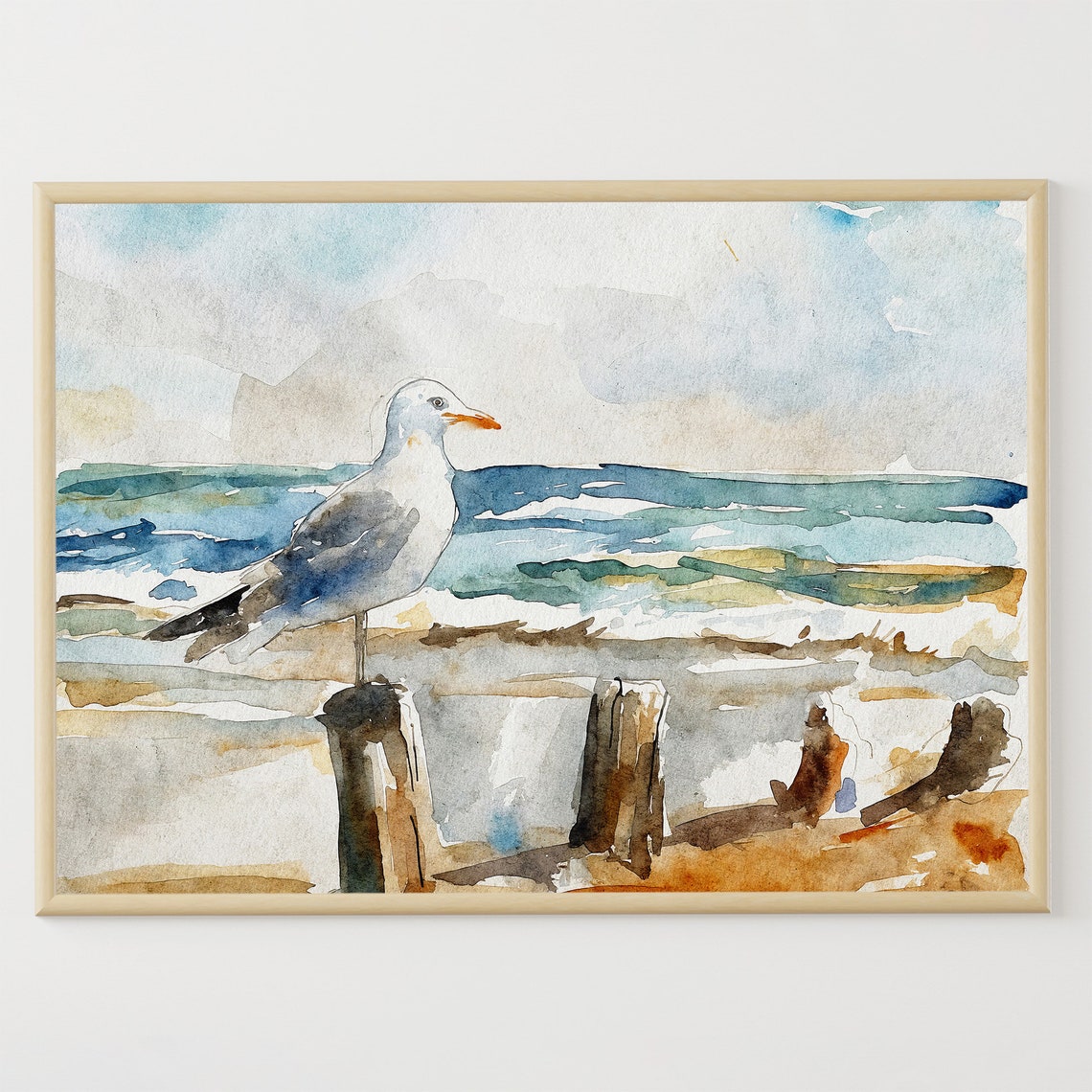 Seagull Perched on Wooden Pier Post Beach Waves Watercolor Art Print