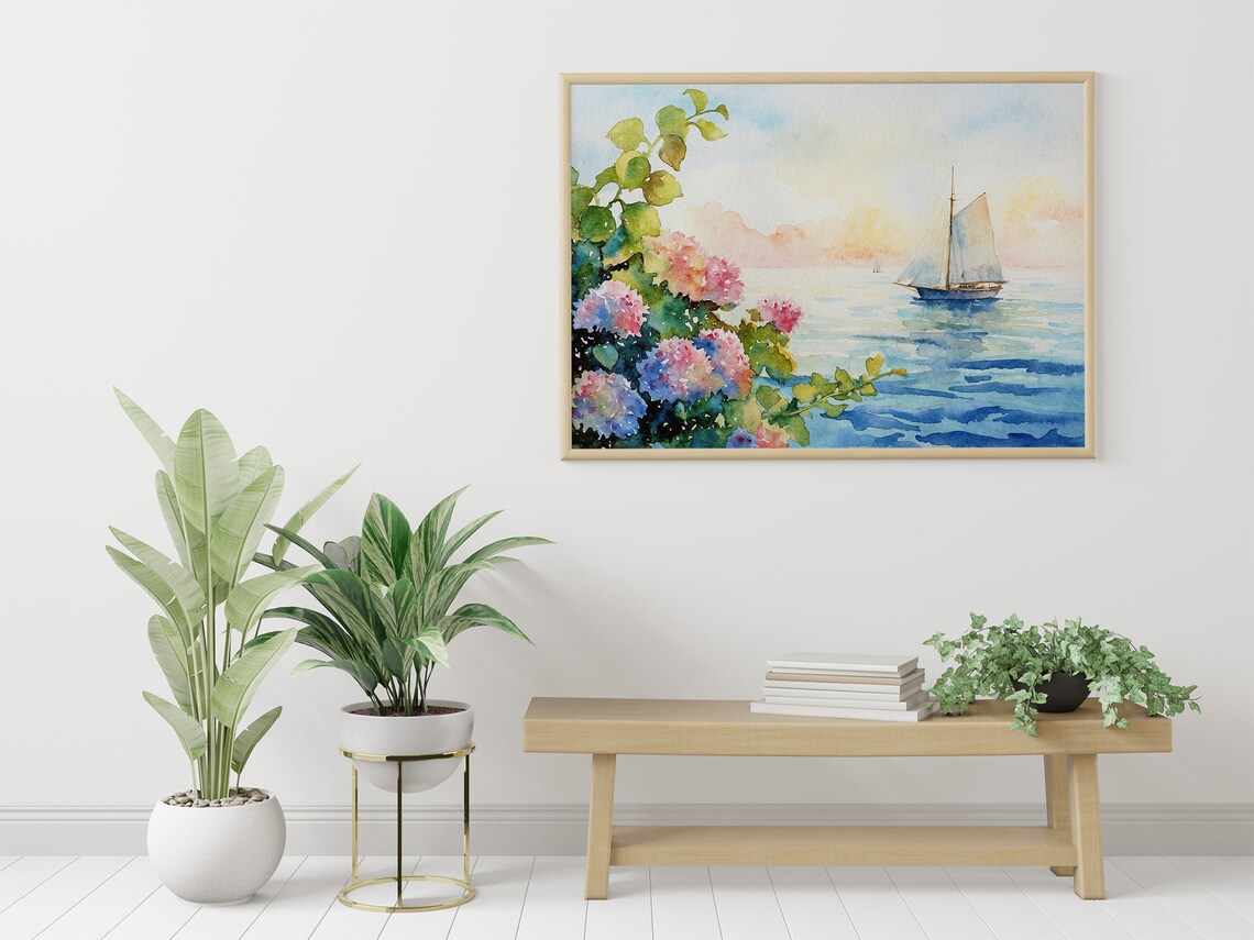 Nantucket Cape Cod Hydrangea Sailboat Watercolor Art Print - Image 3