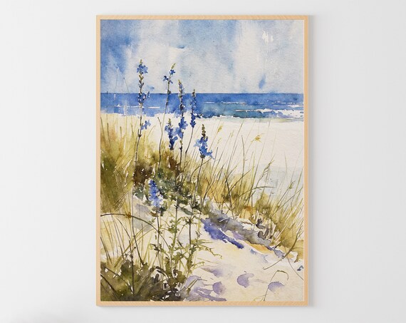 Blue Wildflowers Beach Dunes Ocean Shoreline Watercolor Coastal Poster