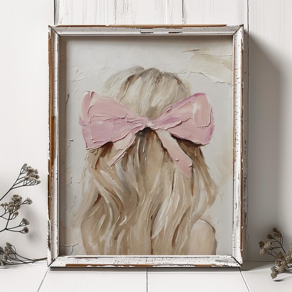 Blonde Girl Oil Print Coquette Pink Bow Painting Neutral Girly Apartment Wall Art Beige From An Original