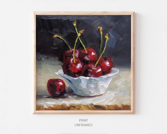 Cherry Still Life Art Print, Oil Painting Style