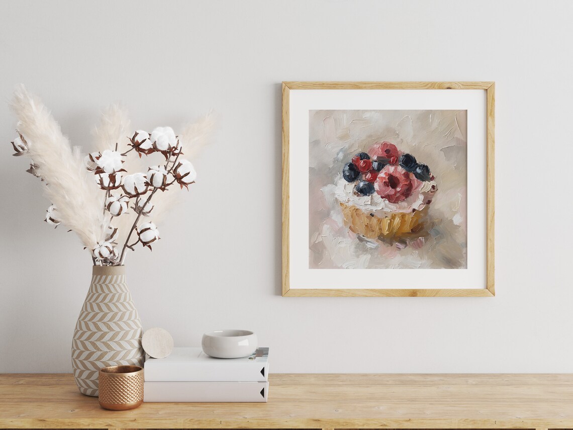 Berries Cupcake Oil Painting Dessert Art Print - Image 2