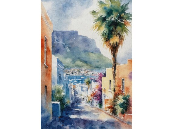 Cape Town Table Mountain Watercolor Print South Africa Harbor View Art