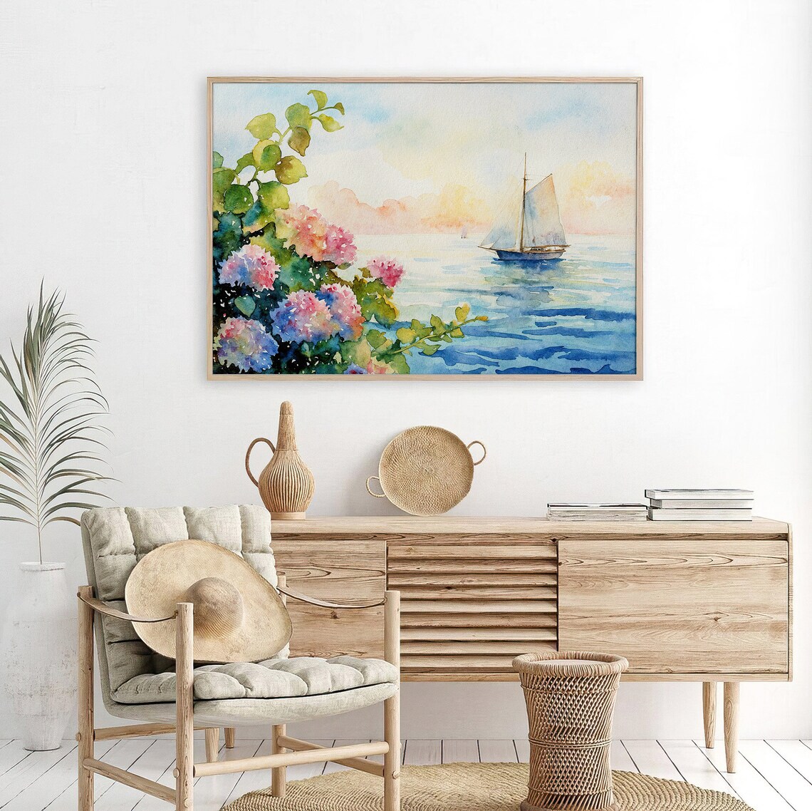 Nantucket Cape Cod Hydrangea Sailboat Watercolor Art Print - Image 4