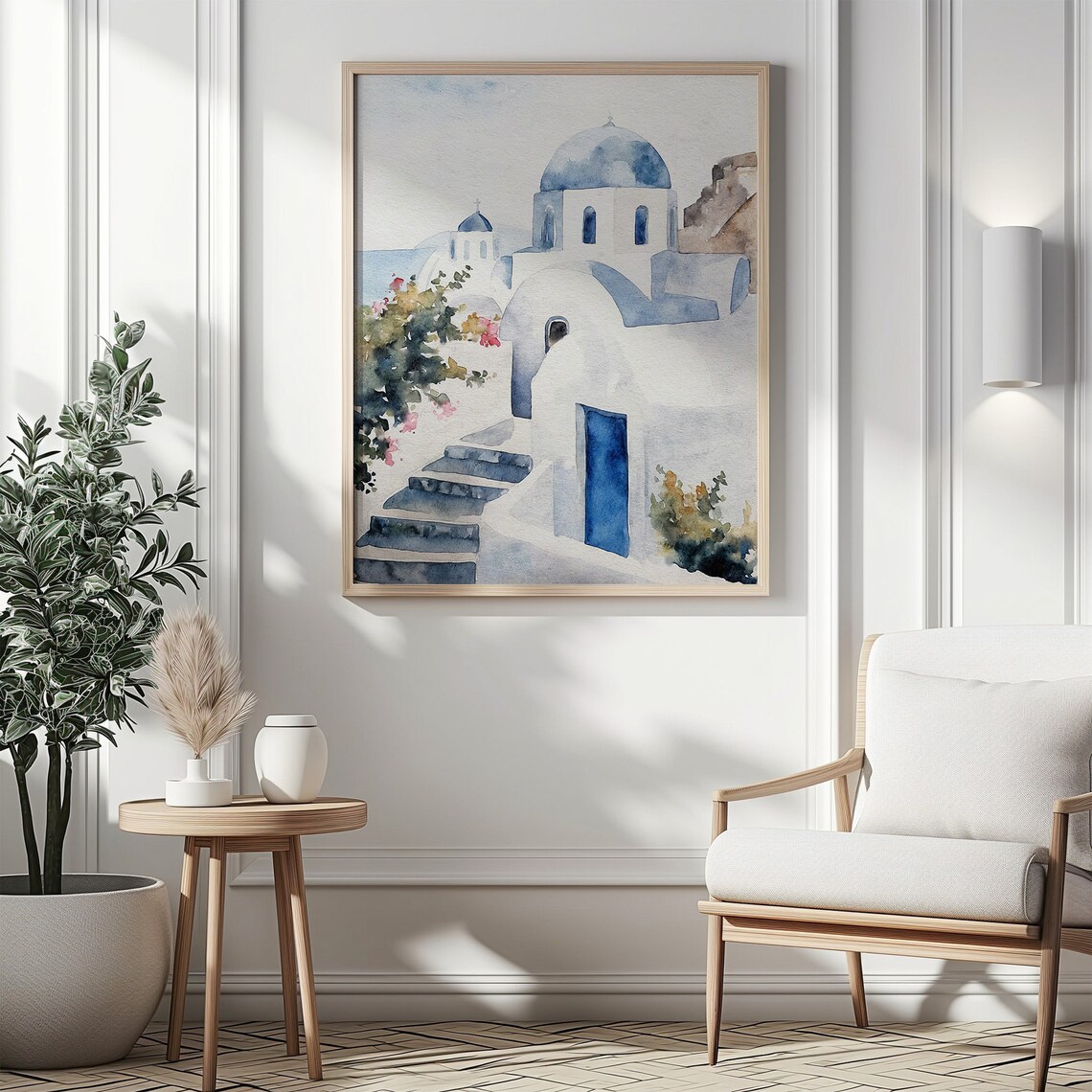 Blue Roofs of Santorini, Greek Watercolor Art Print - Image 2