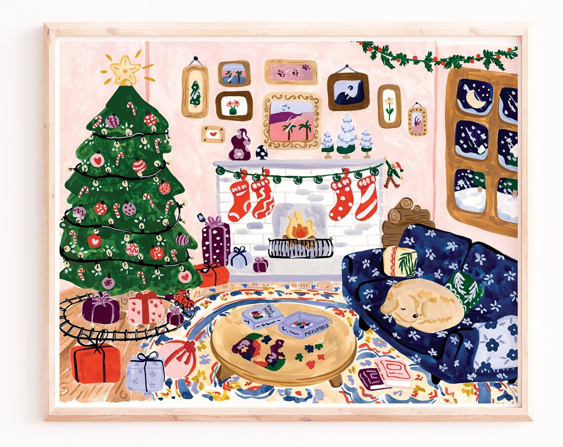 Christmas Living Room Art Print, Holiday Watercolor