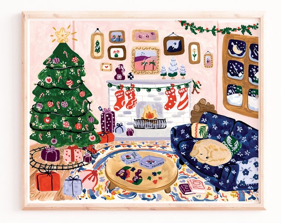 Christmas Living Room Art Print, Holiday Watercolor