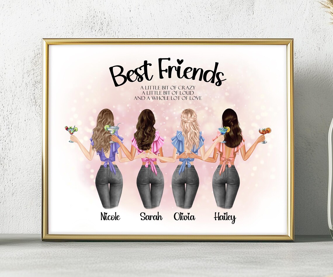 Custom Best Friends Portrait with Cocktails Four Friends Names Poster