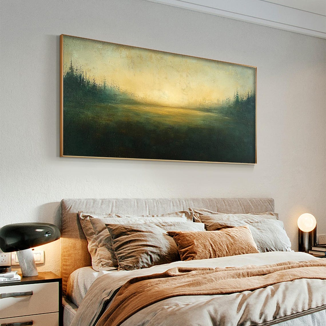 Dark Green Gold Abstract Meadow Dusk Panoramic Landscape Wall Art - Image 4