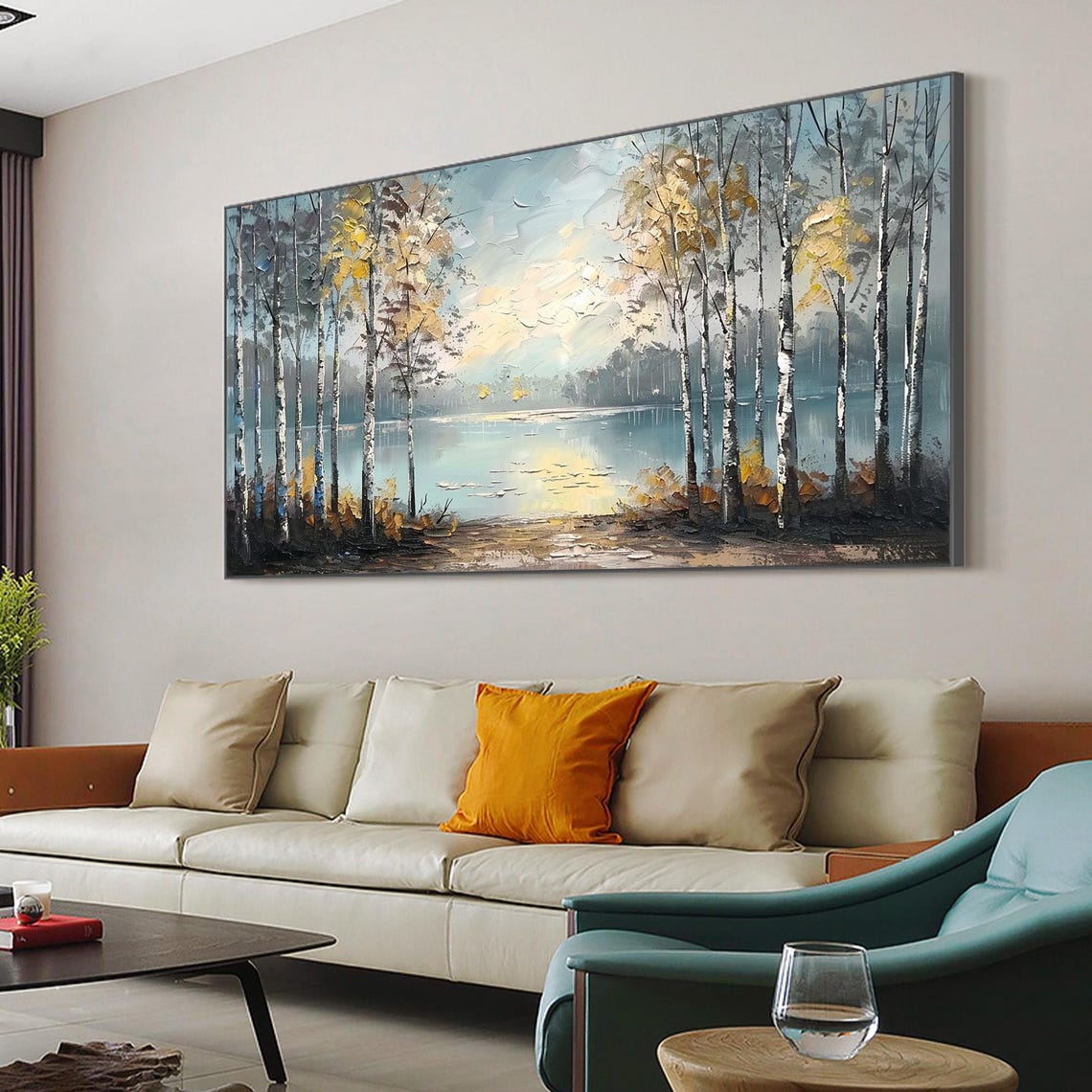 Golden Autumn Birch Forest Lakeside Morning Light Oil Painting Poster - Image 2