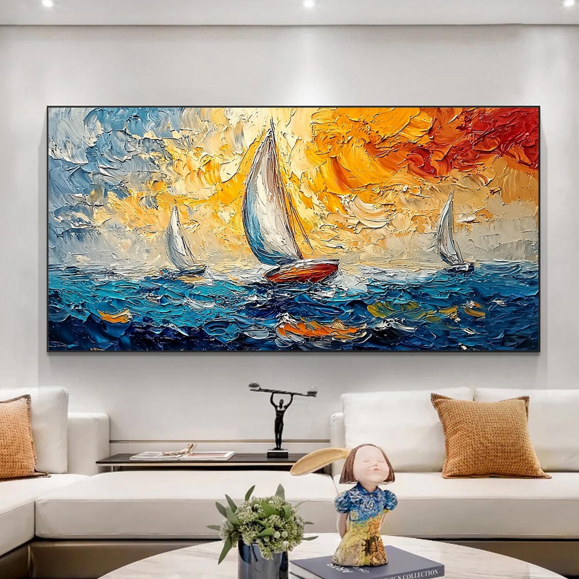 Three Sailboats Fiery Orange Sunset Textured Ocean Wave Oil Painting - Image 2