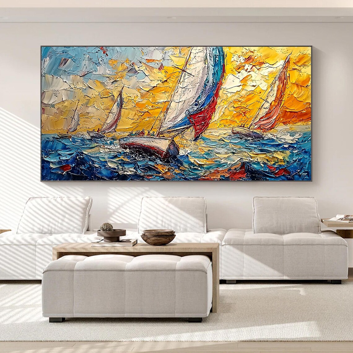 Sailboats At Sunset Golden Sky Textured Ocean Seascape Oil Painting - Image 2