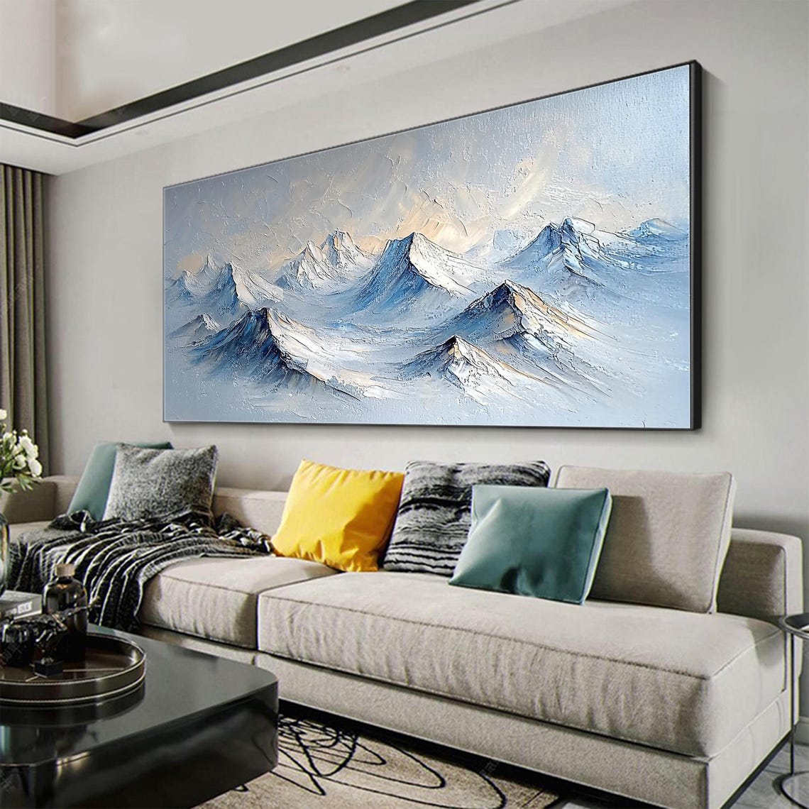 Misty Blue Snow Capped Mountains Serene Textured Landscape Wall Art - Image 4