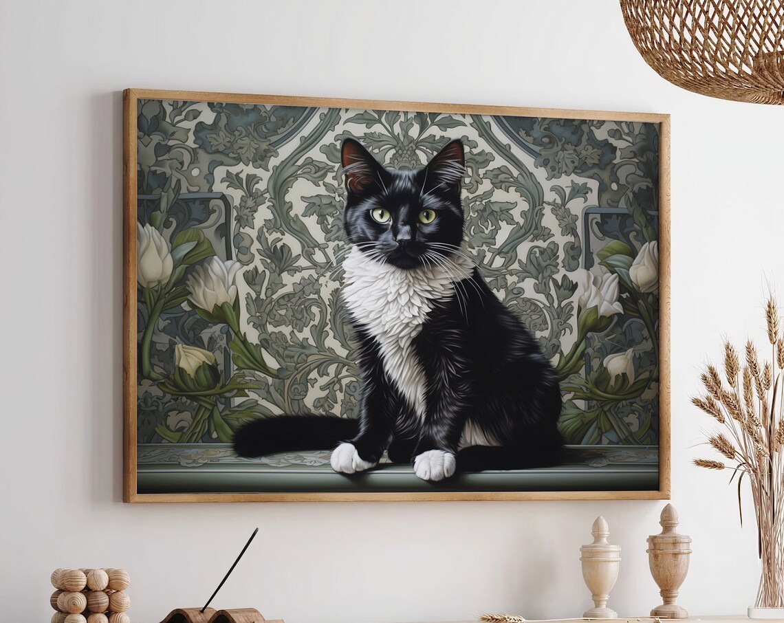Tuxedo Cat Art Nouveau Floral Portrait Elegant Animal Poster