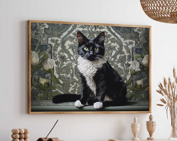 Tuxedo Cat Art Nouveau Floral Portrait Elegant Animal Poster