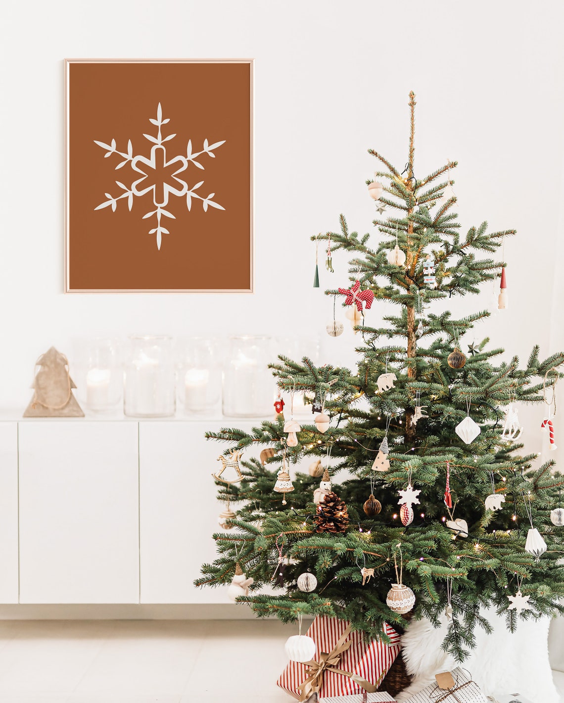 White Snowflake Rust Orange Background Minimalist Winter Framed Poster - Image 2