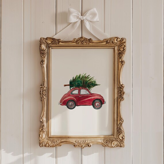 Red Vintage Car With Christmas Tree Watercolor Holiday Poster