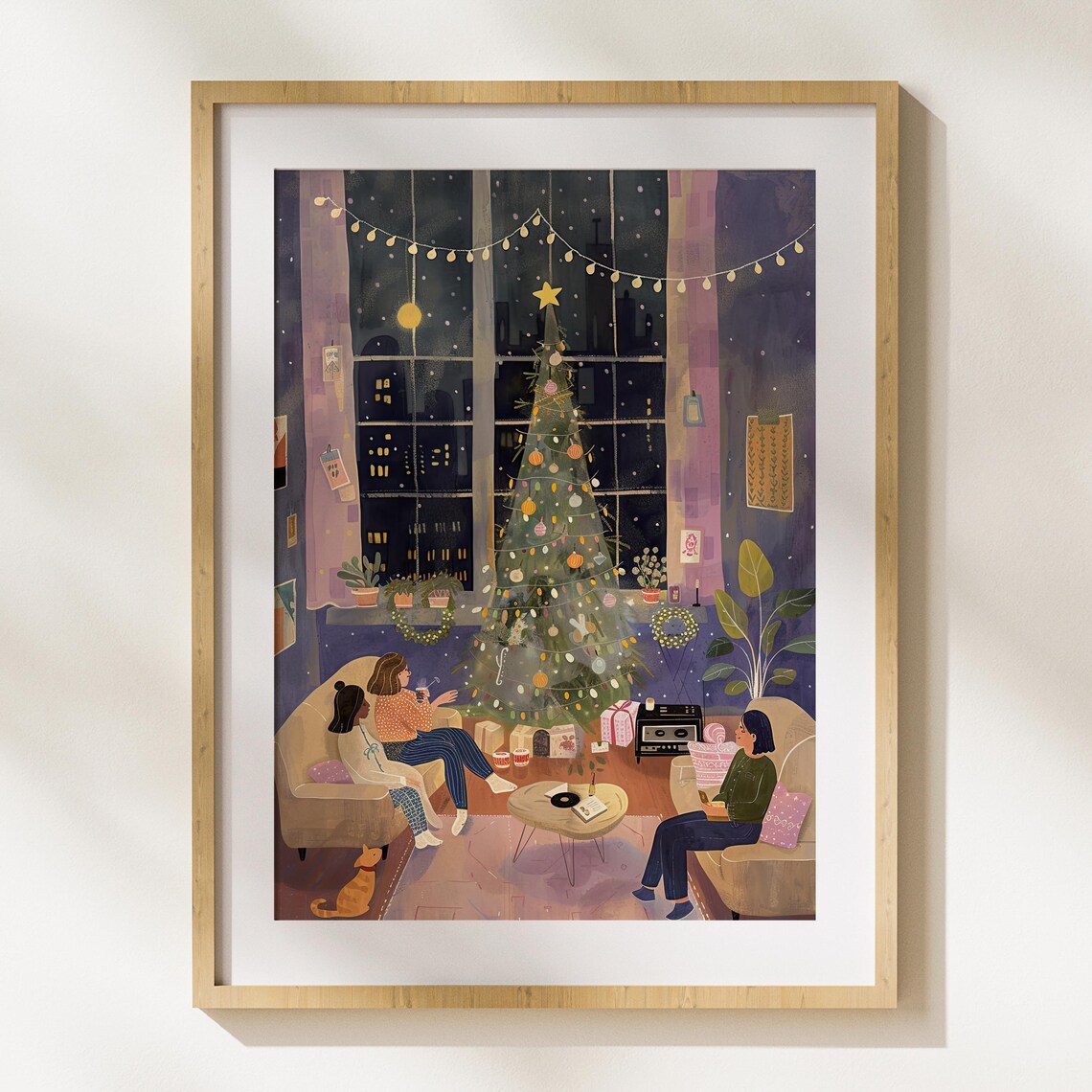Cozy Christmas Eve Family Tree Snowy City Night Illustrated Poster
