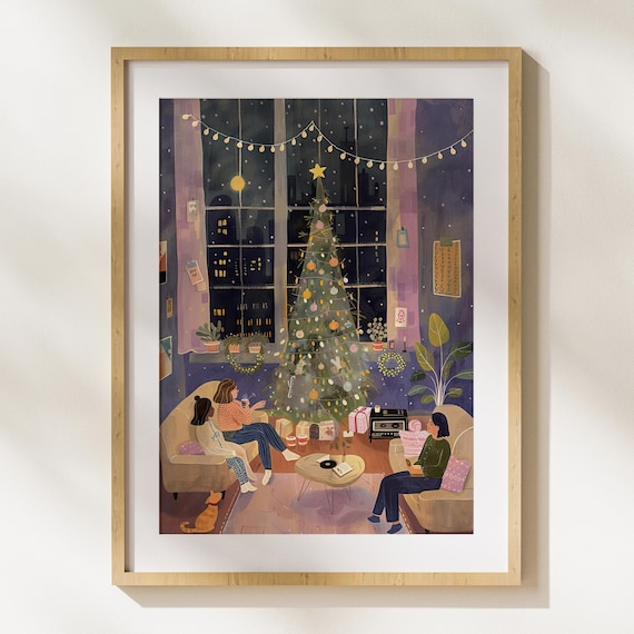 Cozy Christmas Eve Family Tree Snowy City Night Illustrated Poster
