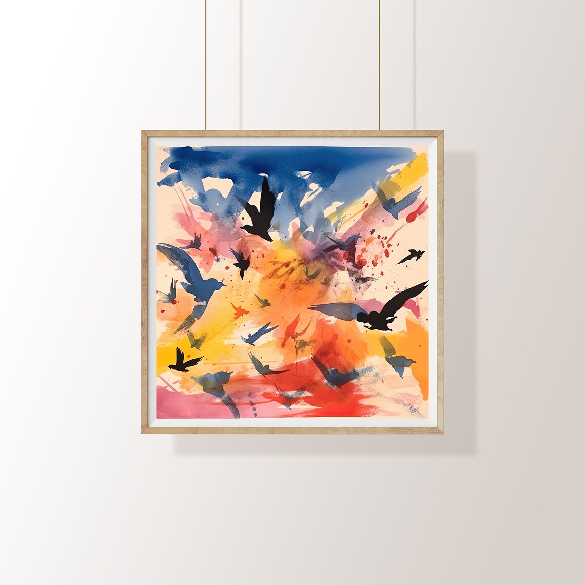 Watercolor Birds in Flight Against a Colorful Sunset Sky Poster