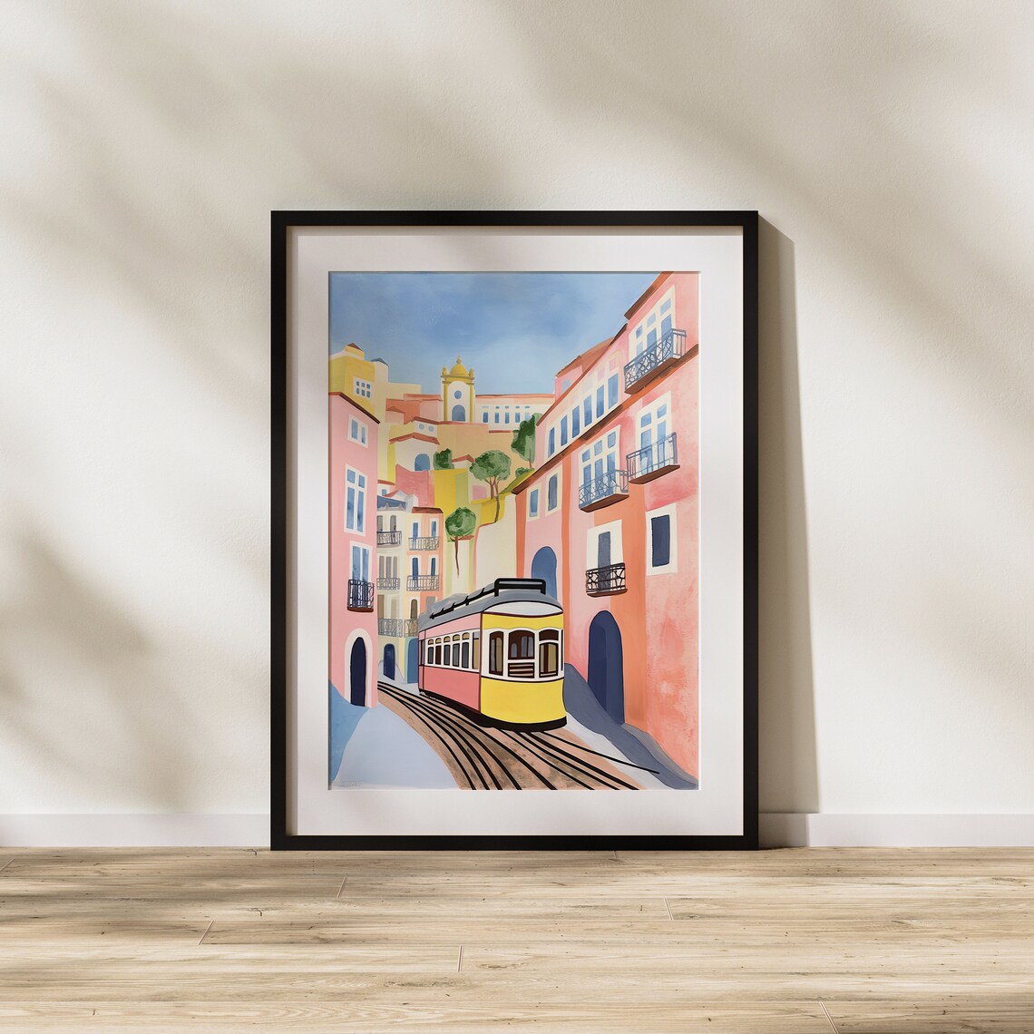Sunlit Lisbon Tram Between Pink Townhouses European Travel Poster - Image 2