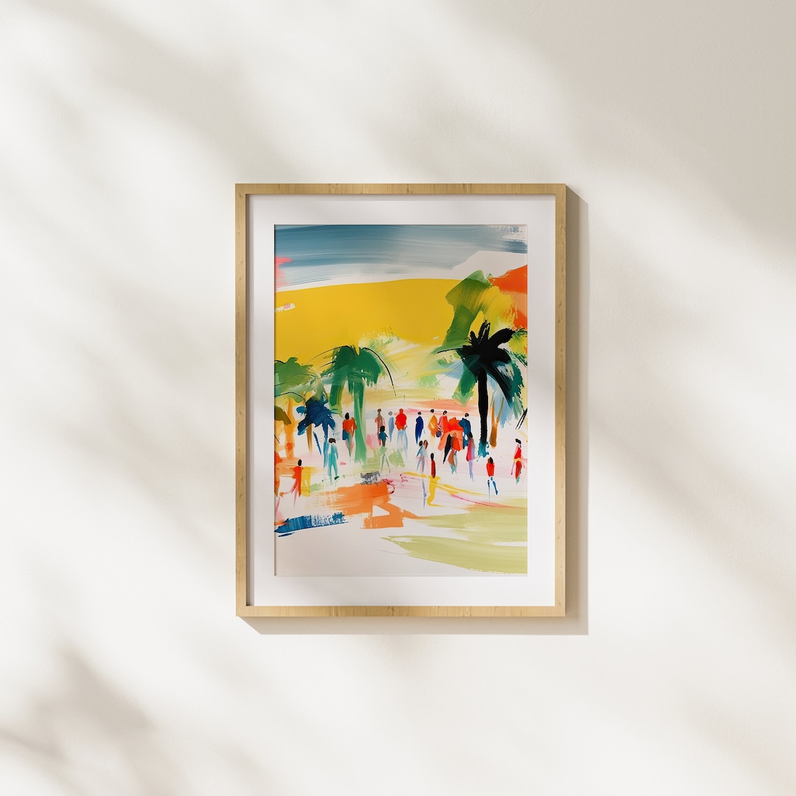 Gouache Beach Day Scene Palm Trees People Yellow Sunset Sky Poster