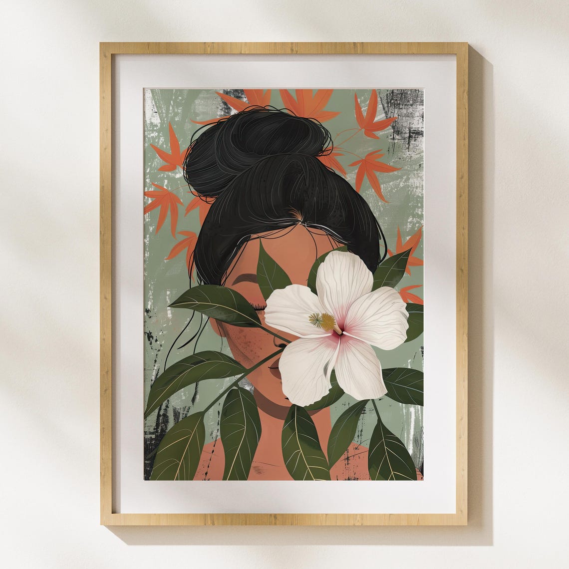 Woman with White Hibiscus Flower Tropical Botanical Portrait Poster