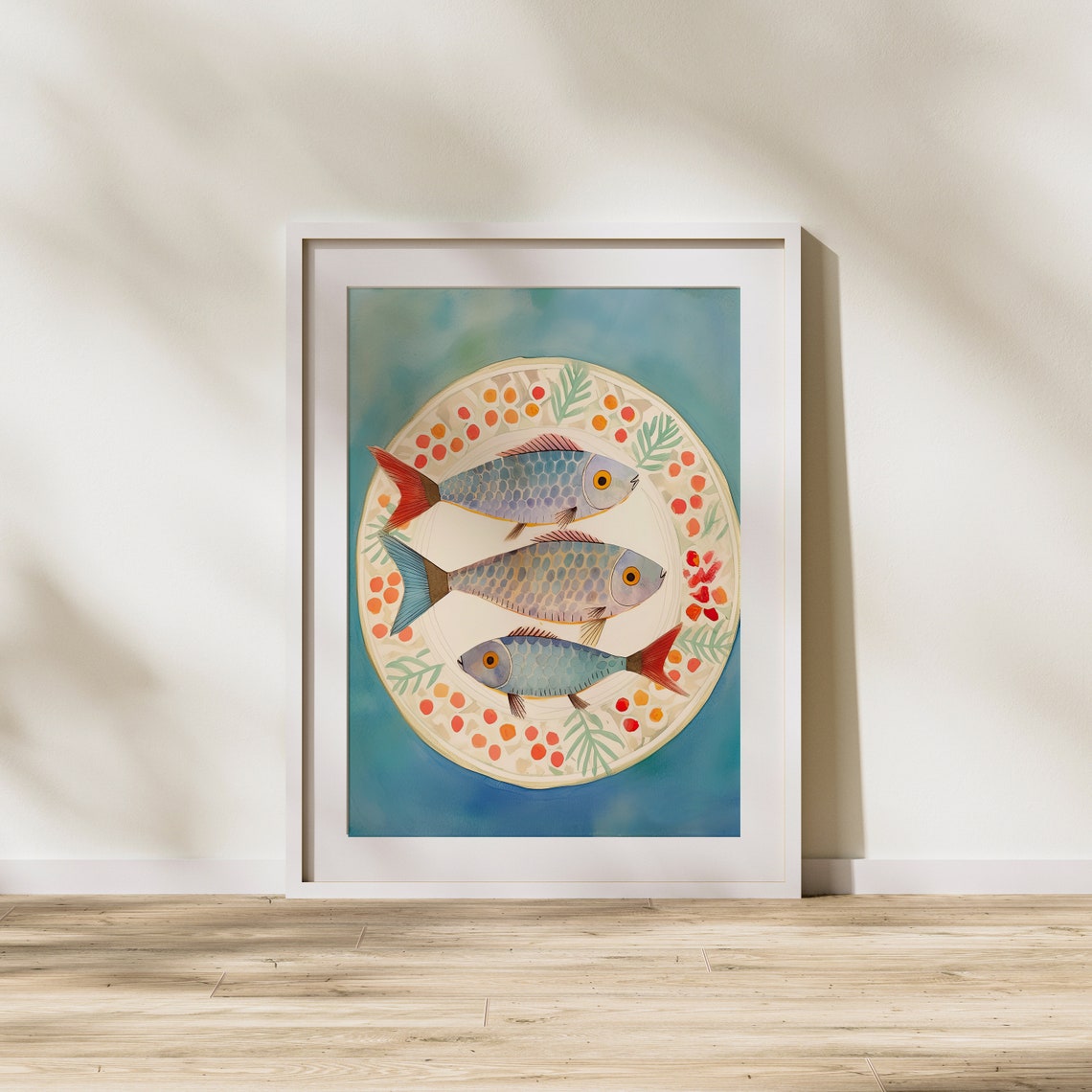 Three Sardines on Decorative Plate Folk Art Coastal Kitchen Poster - Image 2