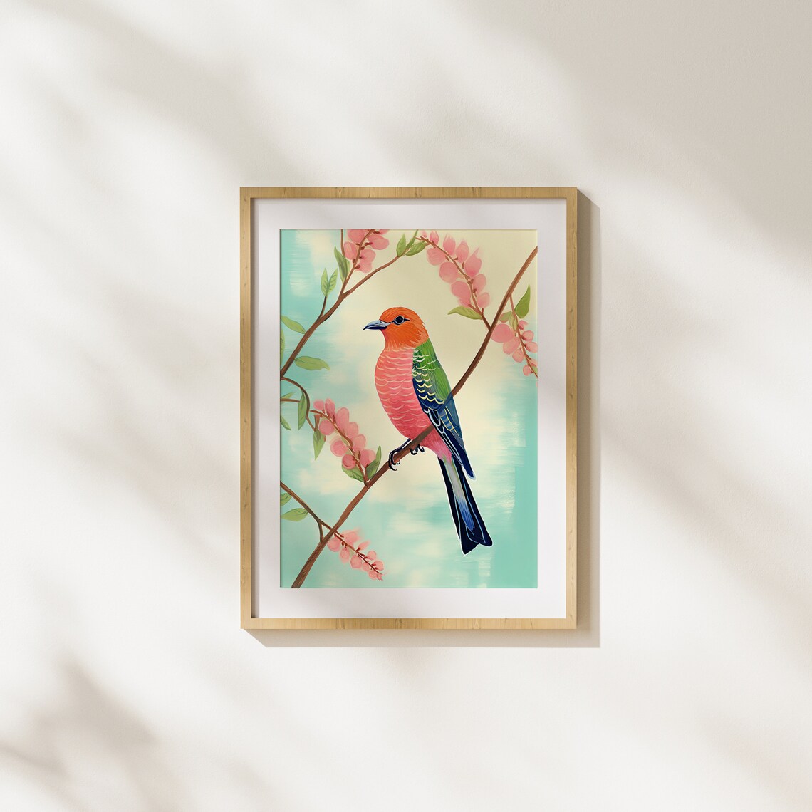 Rainbow Songbird on Pink Blossom Branch Delicate Bird Art Poster