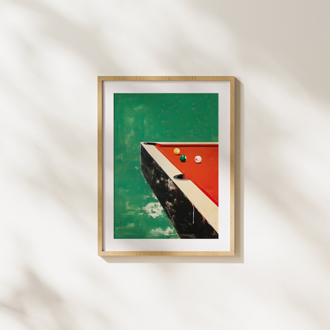 Pool Table Corner with Balls Bold Green and Orange Game Room Poster