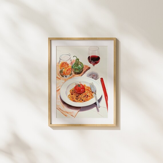 Spaghetti With Fresh Tomato And Red Wine Italian Dinner Watercolor Poster