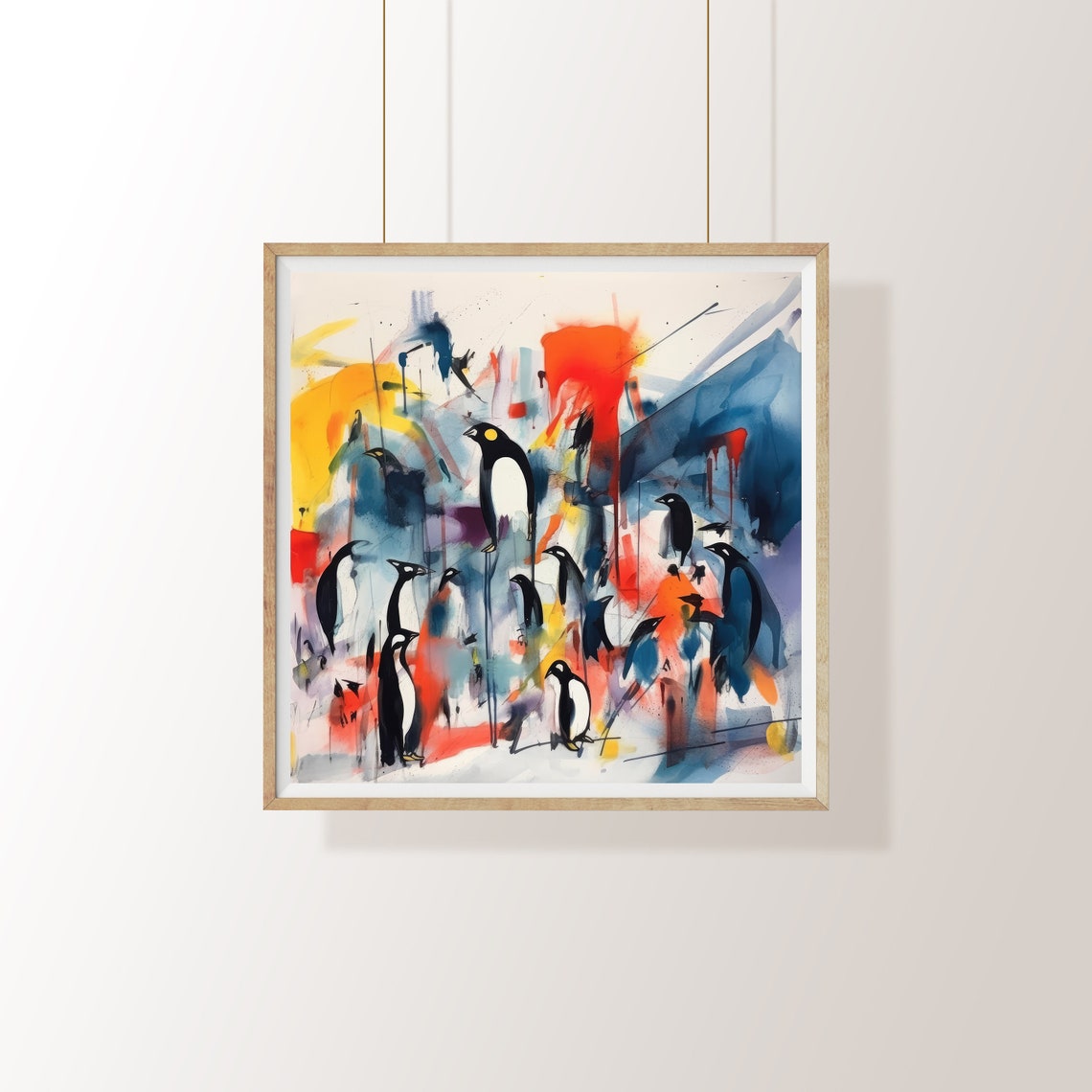 Penguin Colony Abstract Watercolor Splashes Modern Wildlife Art Poster