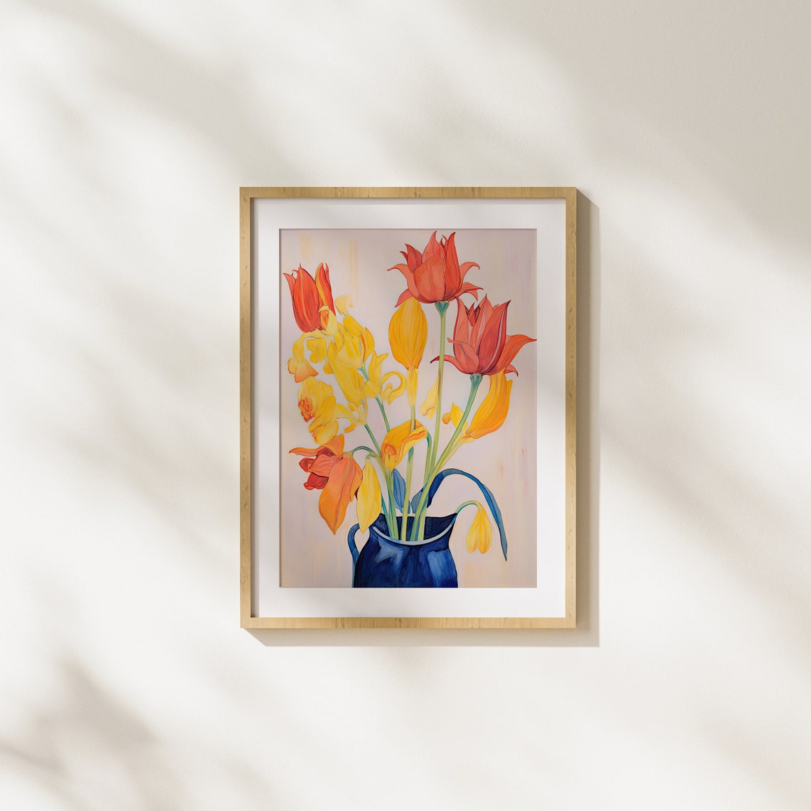 Fiery Tulips And Yellow Blooms In Blue Vase Floral Art Poster