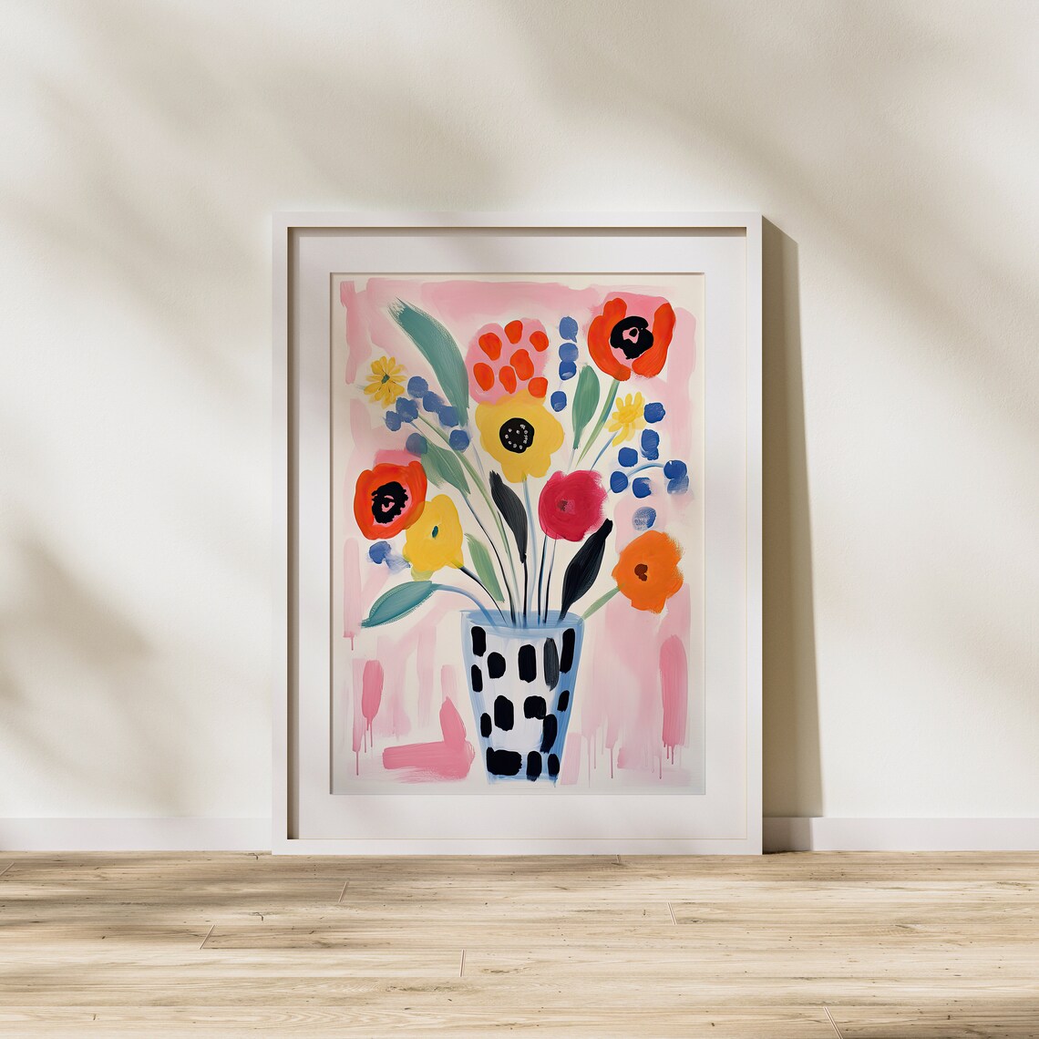 Colorful Poppies Bouquet in Dotted Vase Playful Floral Art Poster - Image 2