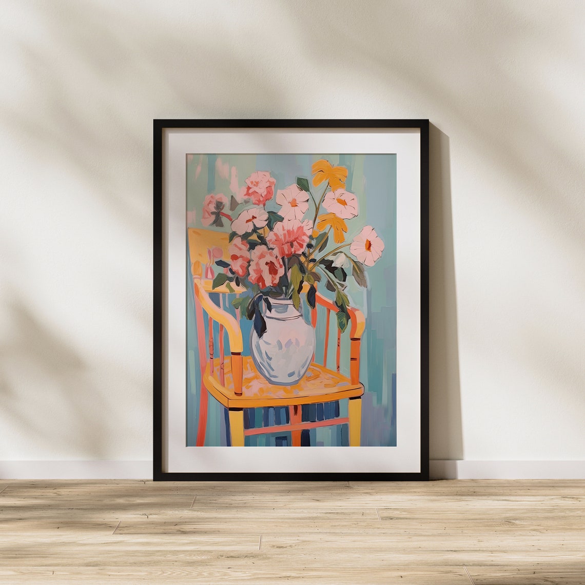 Pink Blossoms In A Vase On A Yellow Chair Modern Still Life Art Poster - Image 2