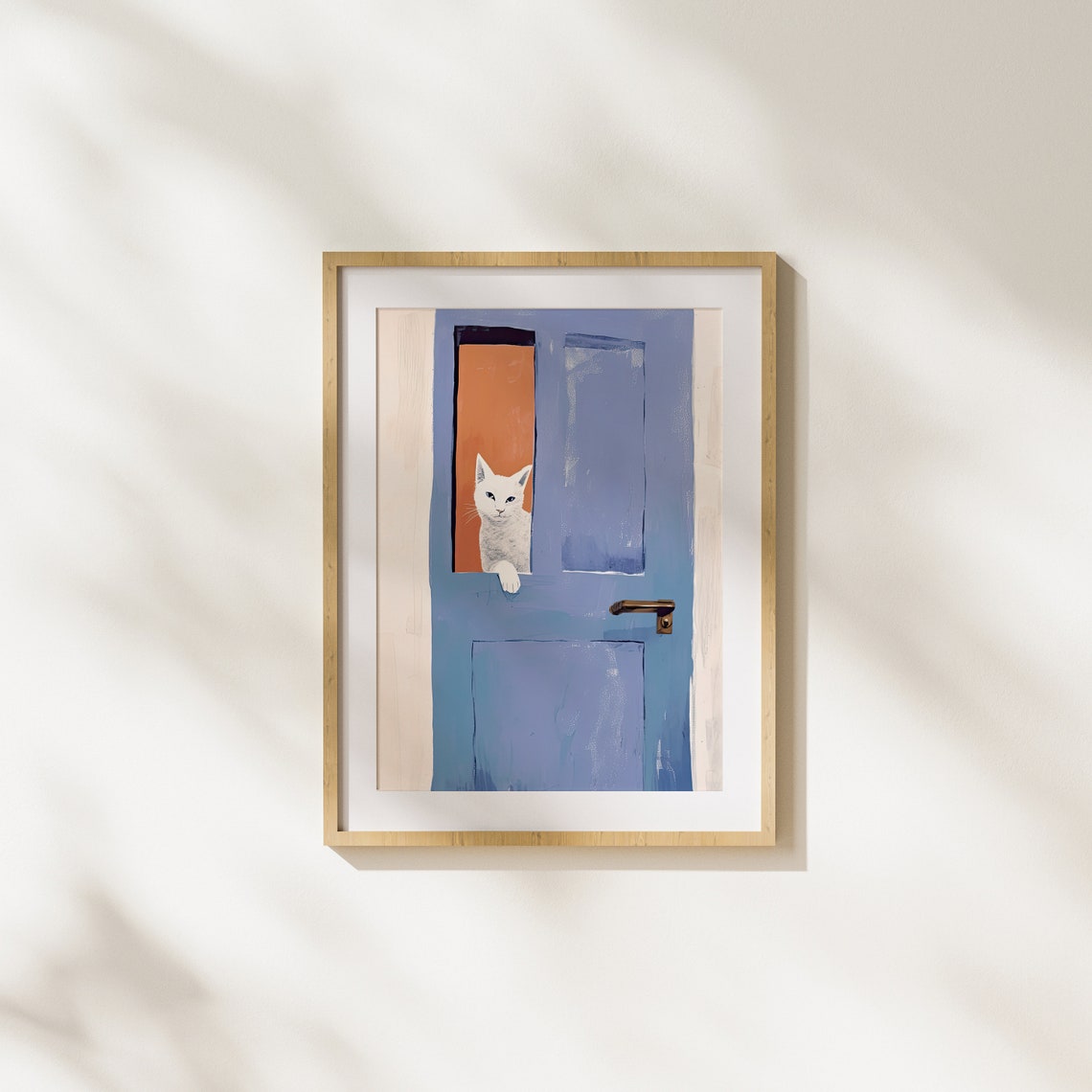 White Cat Peeking Through a Blue Wooden Door Cute Art Poster