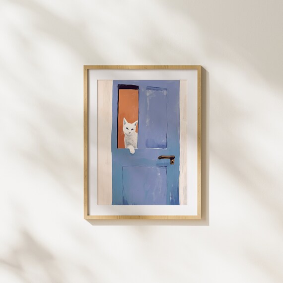 White Cat Peeking Through a Blue Wooden Door Cute Art Poster