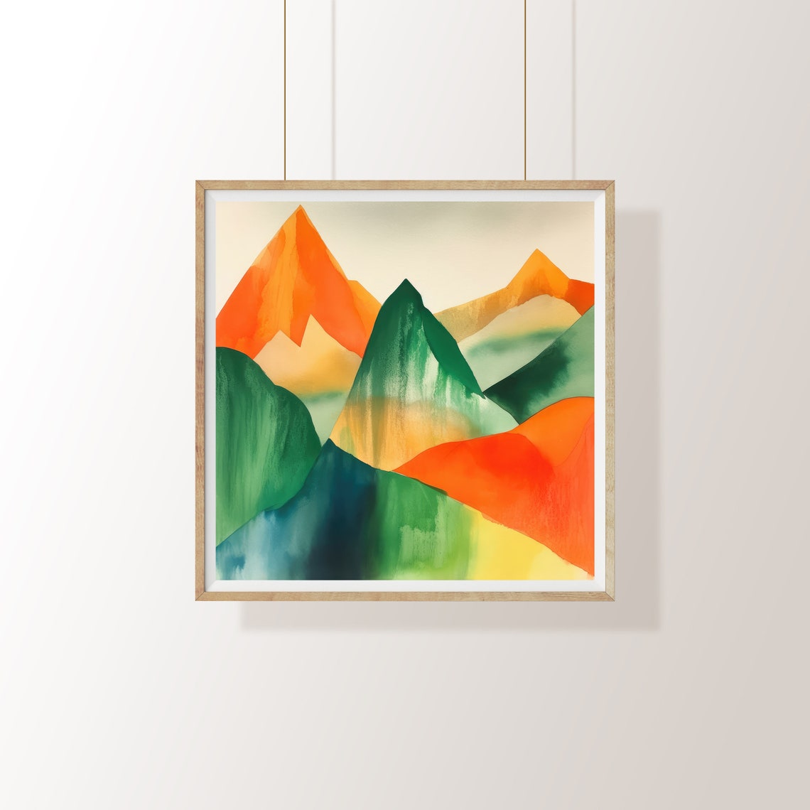 Geometric Watercolor Mountain Peaks in Orange and Green Poster