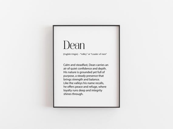 Dean Name Meaning Print, English Origin Typography Poster