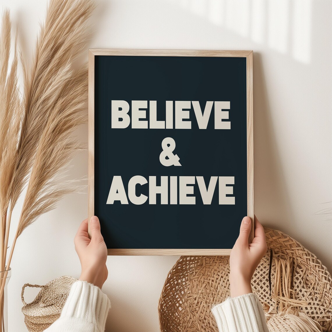 Believe and Achieve Bold Navy Motivational Office Quote Poster