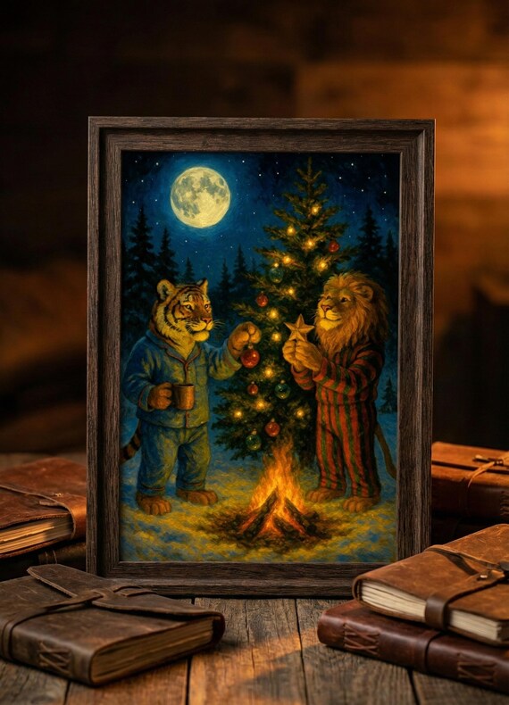 Tiger and Lion in Pajamas Decorating a Christmas Tree Poster