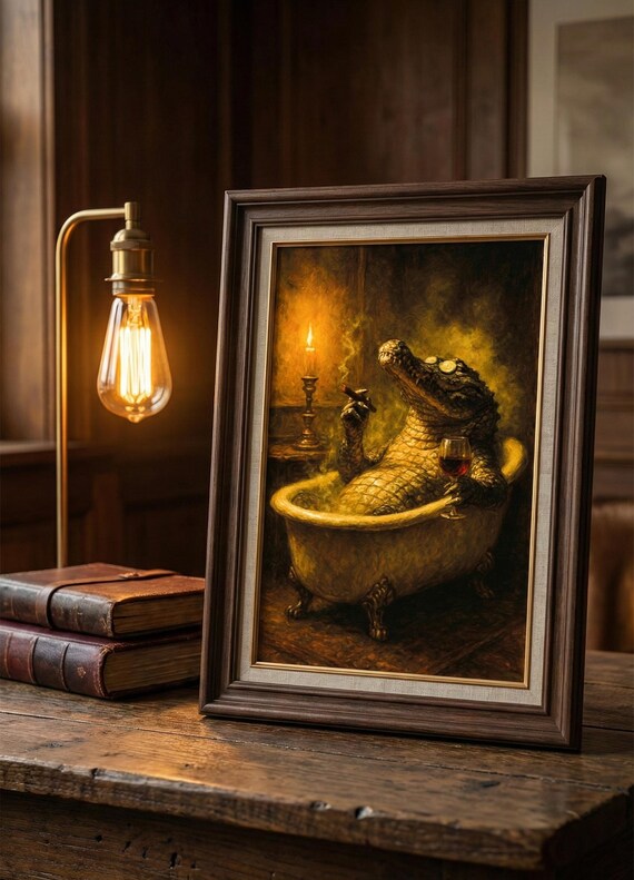 Vintage Crocodile Bathtub Art Print Moody Bathroom Decor