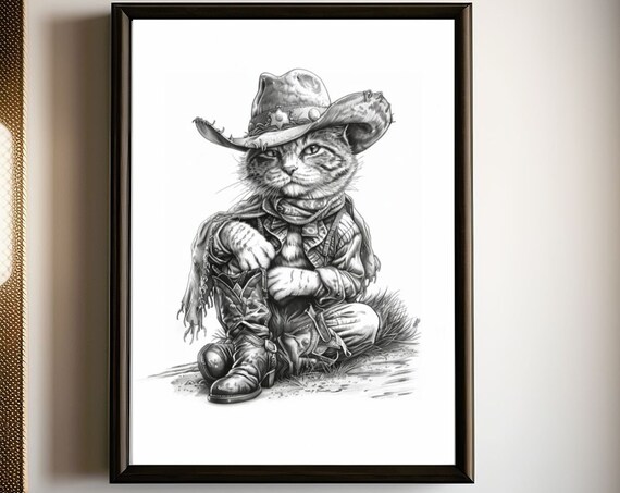 Tabby Cat Cowboy in Black and White Western Pencil Sketch Art Poster