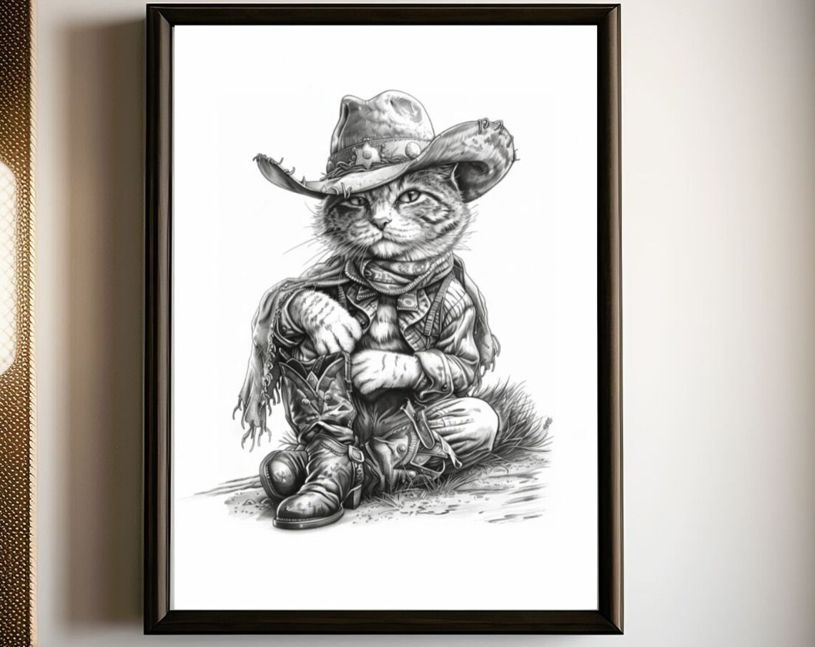 Tabby Cat Cowboy in Black and White Western Pencil Sketch Art Poster