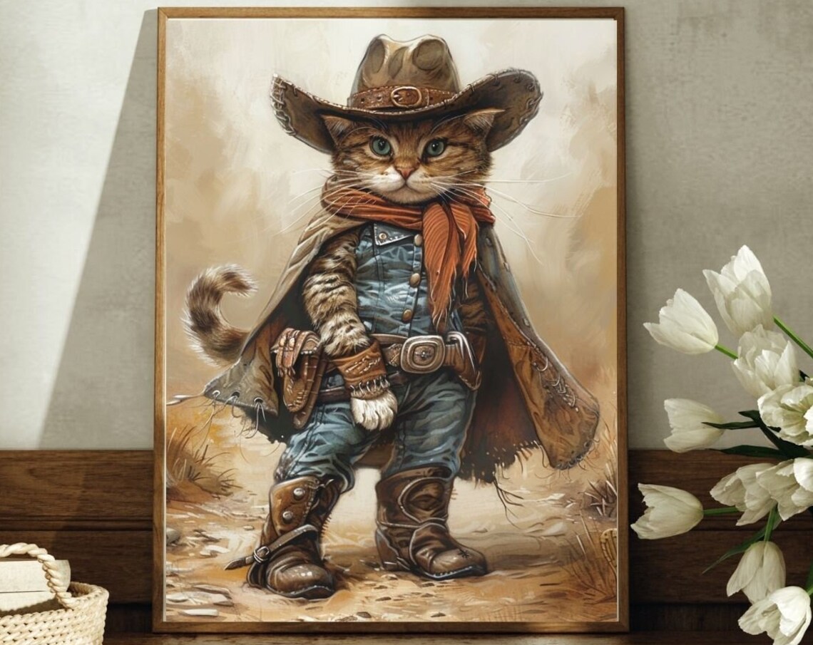 Cowboy Kitten in Boots and Hat Western Desert Cat Portrait Poster
