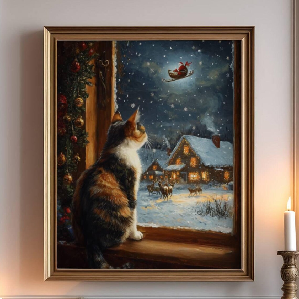 Calico Cat Christmas, Festive Holiday Art Print