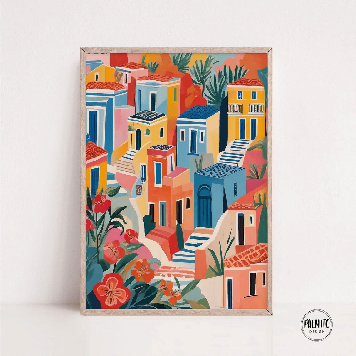 Colorful Hillside Flower Village Mediterranean Town Art Poster
