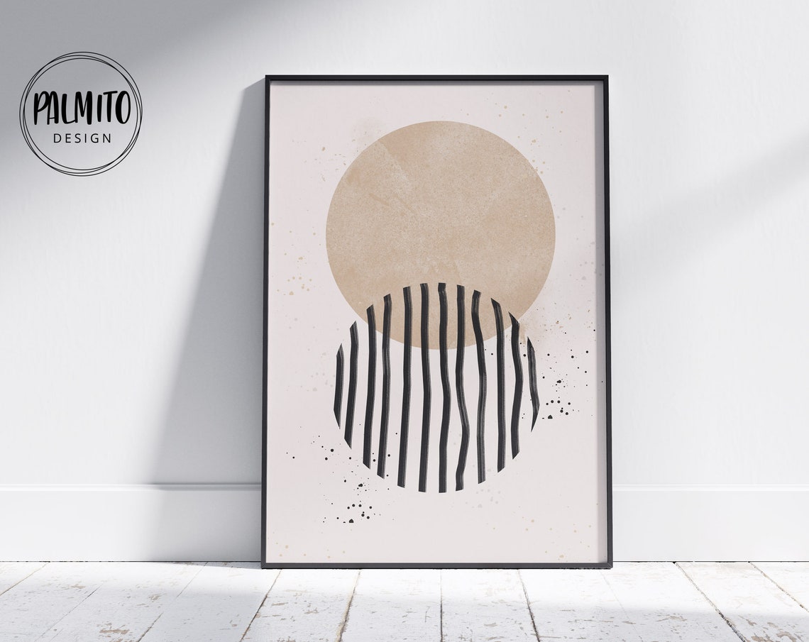 Modern Beige Circle Black Striped Circles Abstract Dot Speckle Poster