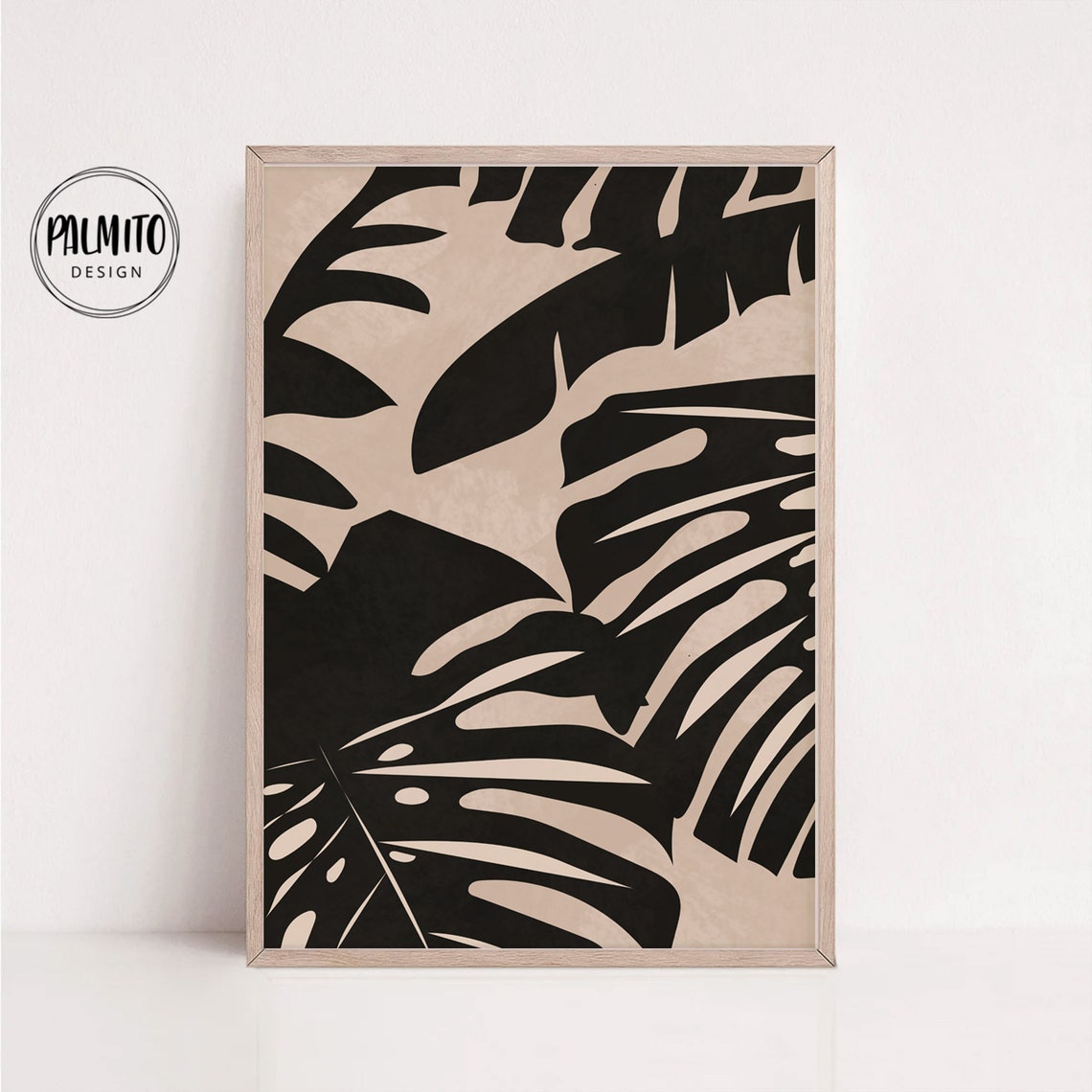 Black Monstera Leaf Silhouettes Beige Bold Botanical Wall Art