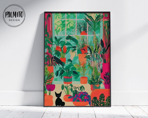 Cat And Plants Wall Art Colorful Wall Art Botanical Multicolor Print Abstract Wall Art Print Funny Bold Wall Art